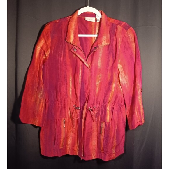Chico's Jackets & Blazers - Chico’s Size 2 Linen Blend Jacket Semi Sheer Red Pink Stripe Drawstring Boho